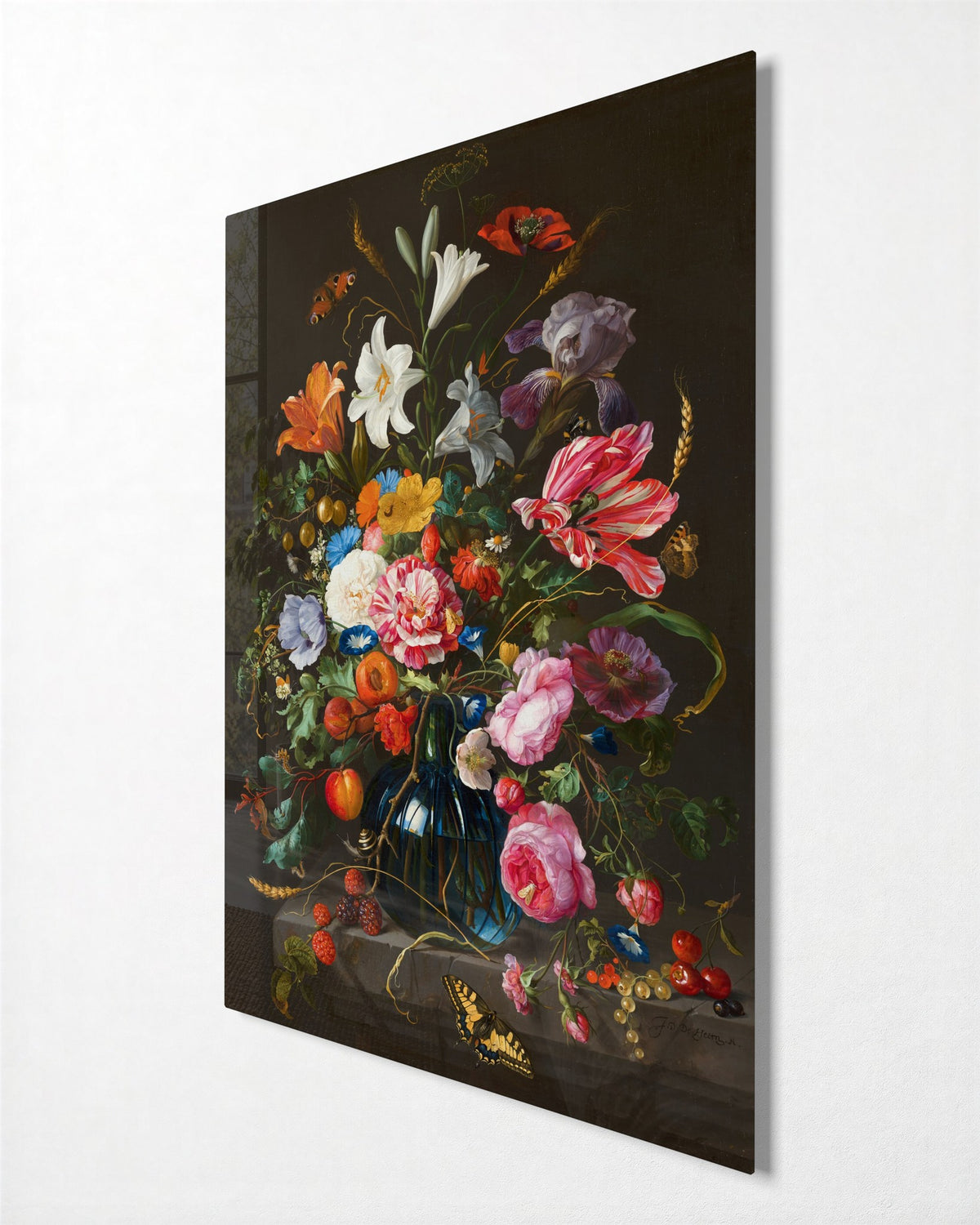 Old-World Bouquet in Bloom glass wall art, side view