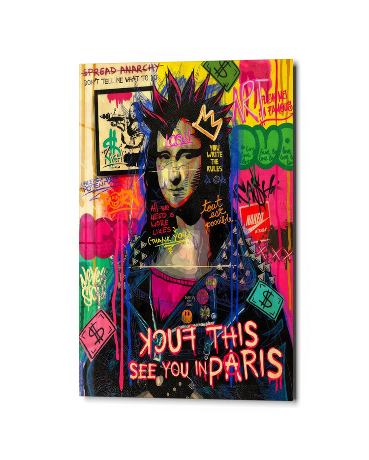 Renaissance Lady Goes Punk glass wall art, studio view
