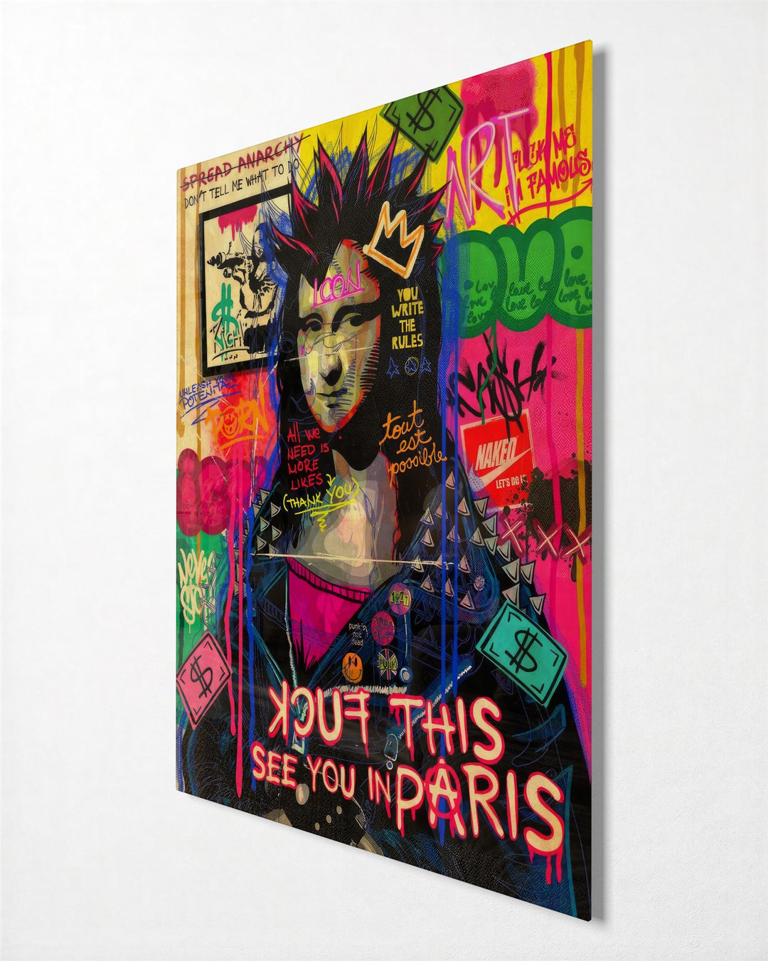 Renaissance Lady Goes Punk glass wall art, side view