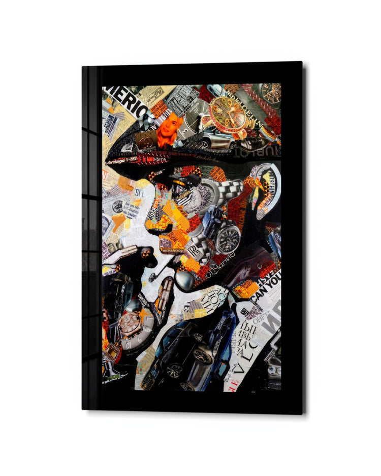 Flat Cap Collage Portrait glass wall art, studio view