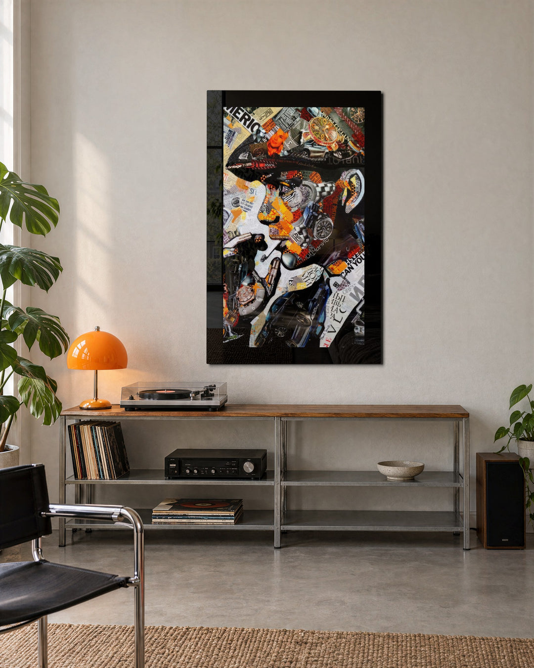 Flat Cap Collage Portrait glass wall art, lifestyle view