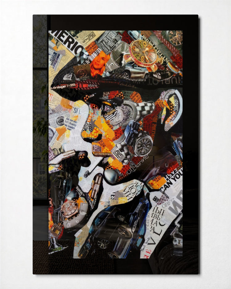 Flat Cap Collage Portrait glass wall art, front view