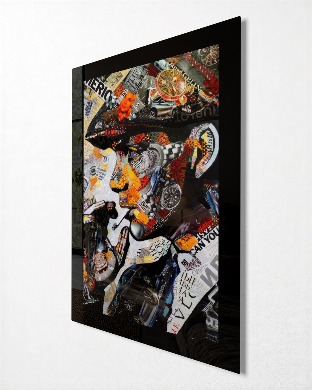 Flat Cap Collage Portrait glass wall art, side view