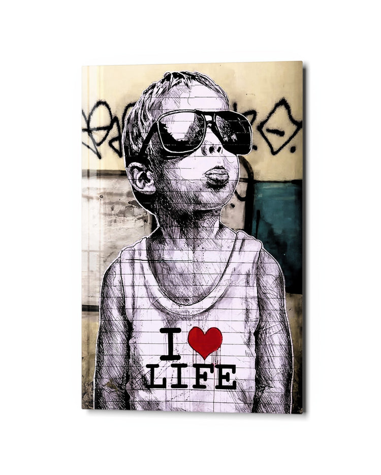 Kid Who Loves Life glass wall art, studio view