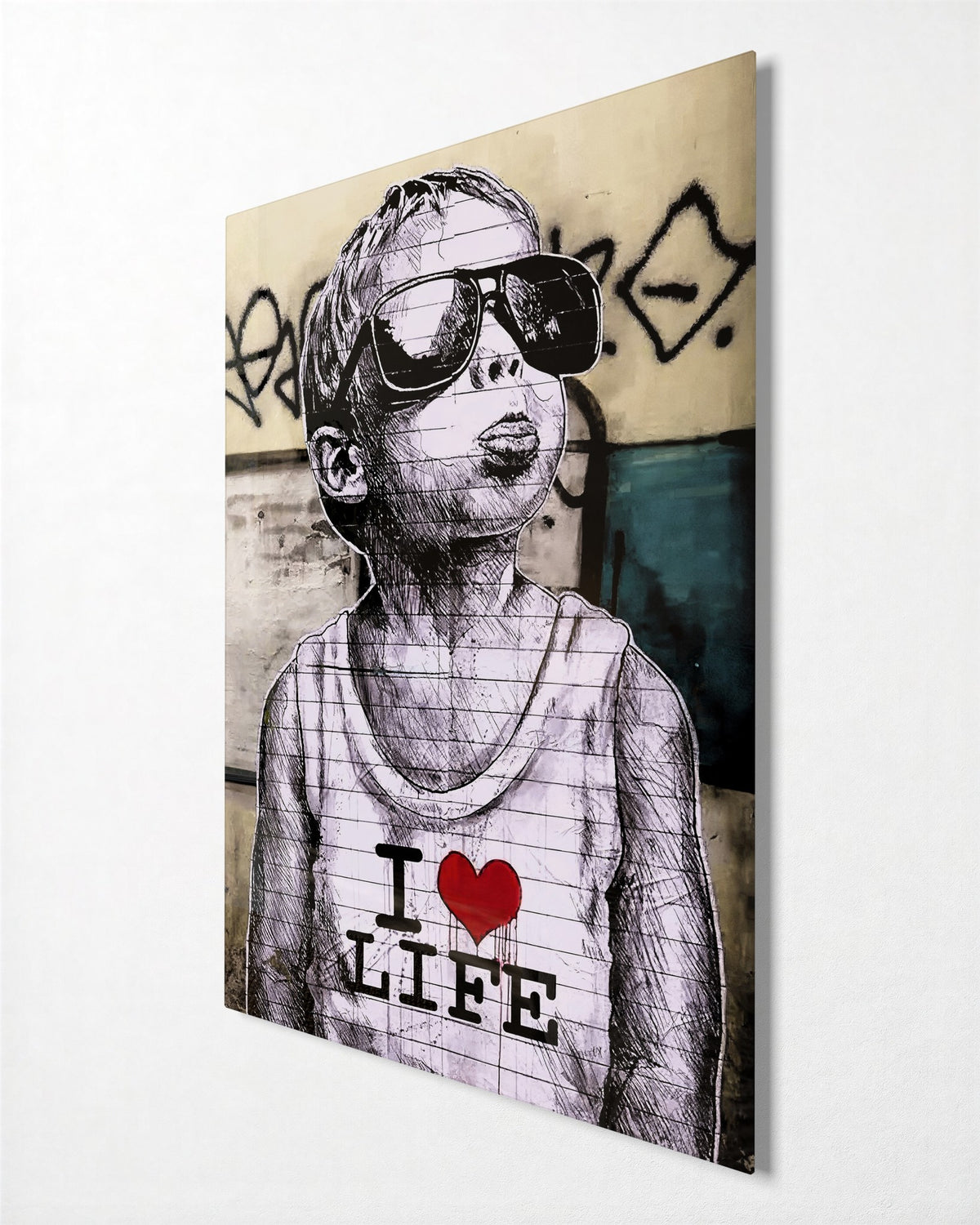 Kid Who Loves Life glass wall art, side view