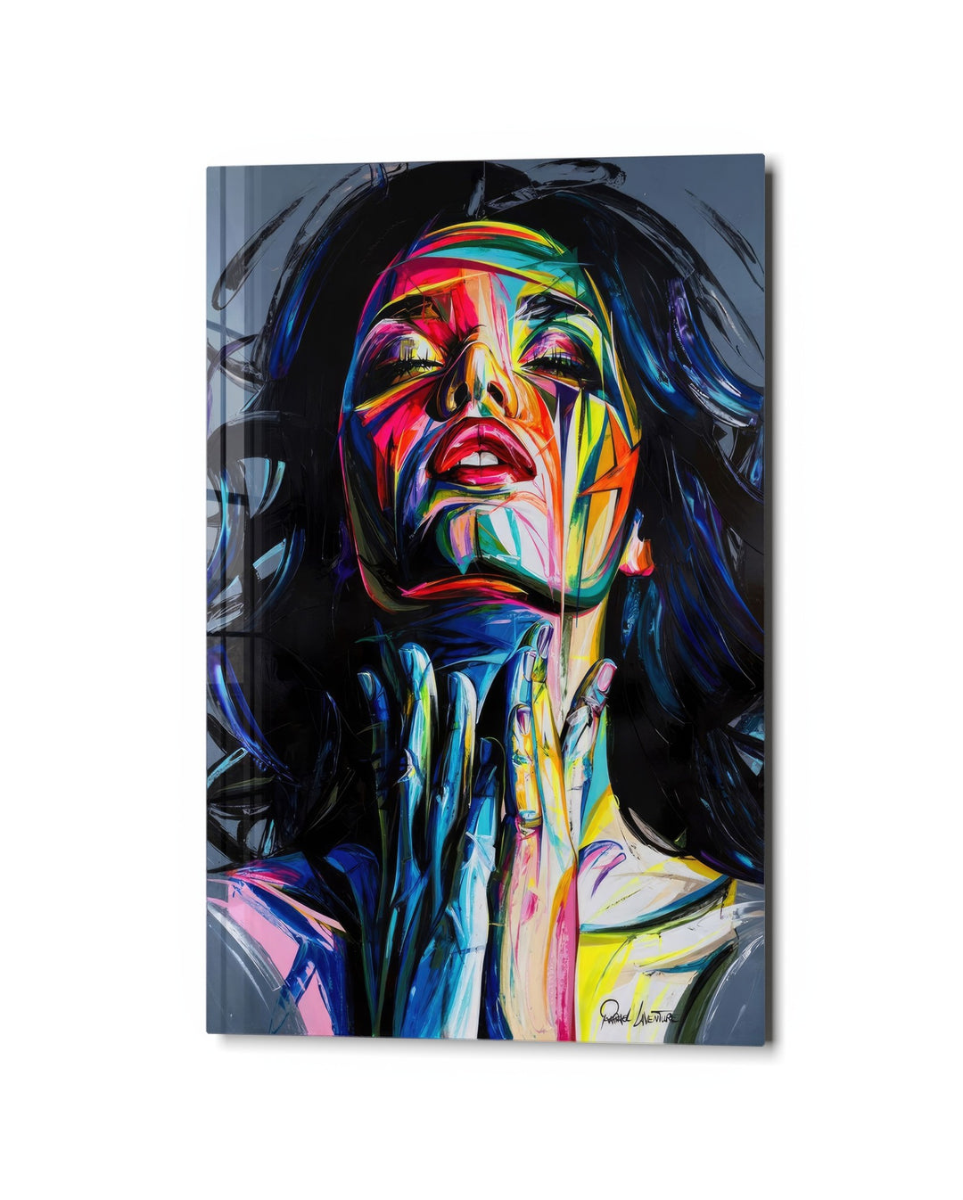 Face in Liquid Color glass wall art, studio view