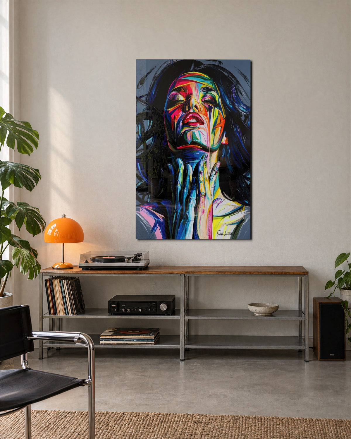Face in Liquid Color glass wall art, lifestyle view