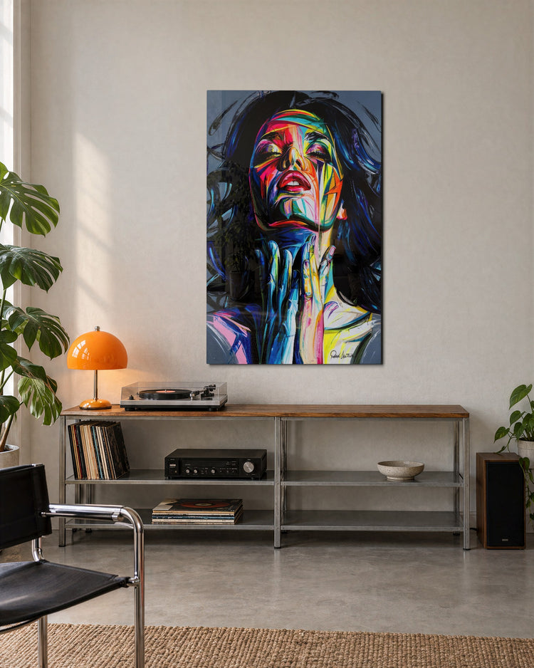 Face in Liquid Color glass wall art, lifestyle view