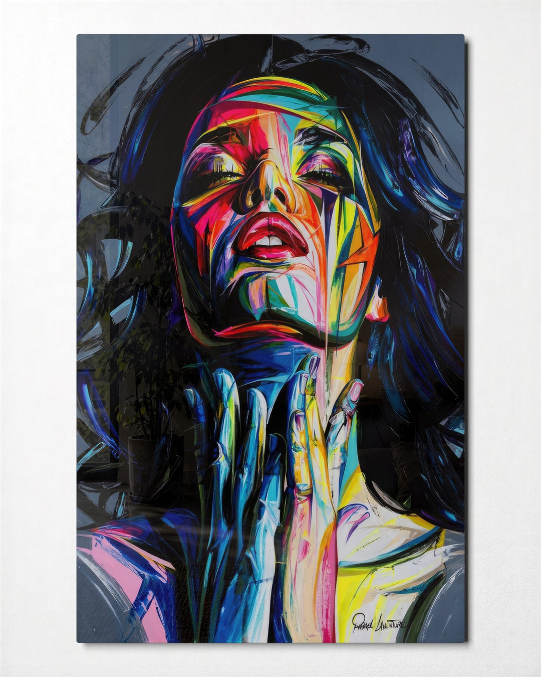Face in Liquid Color glass wall art, front view