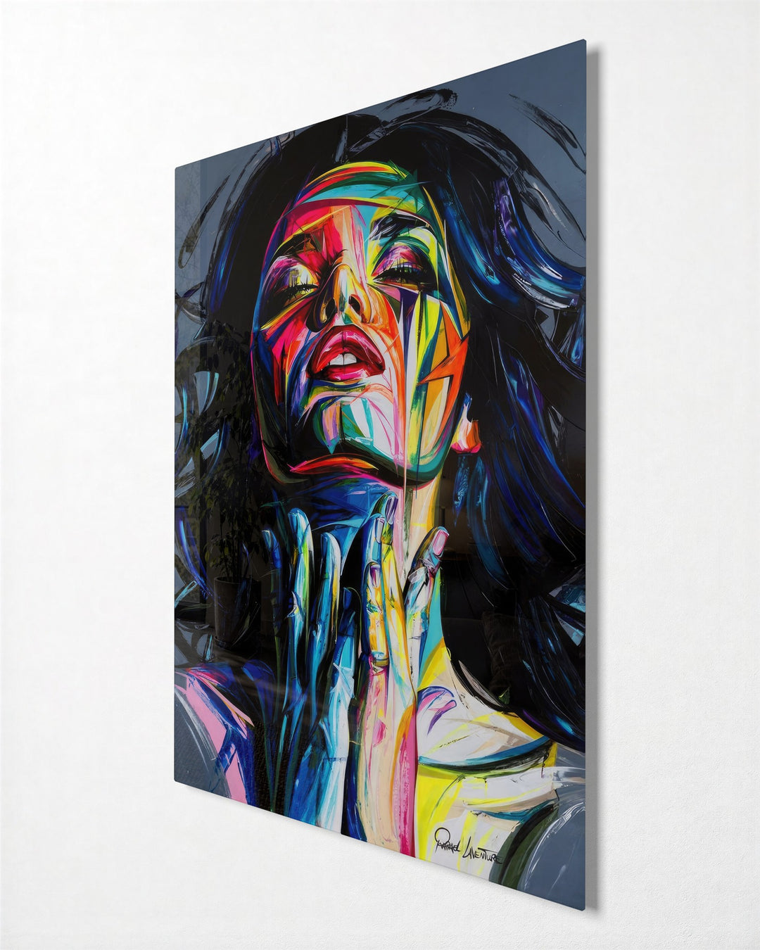 Face in Liquid Color glass wall art, side view