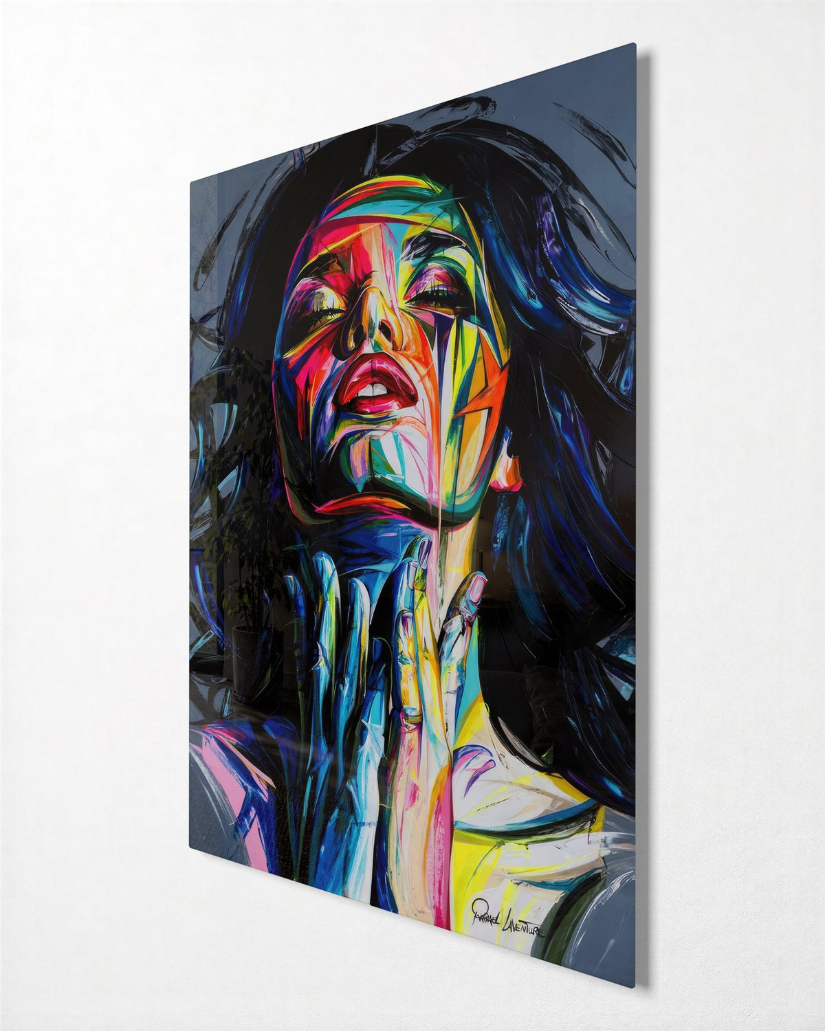 Face in Liquid Color glass wall art, side view