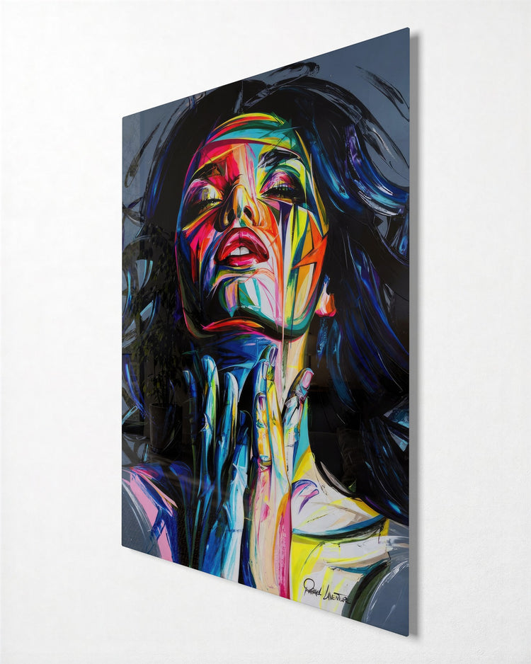 Face in Liquid Color glass wall art, side view