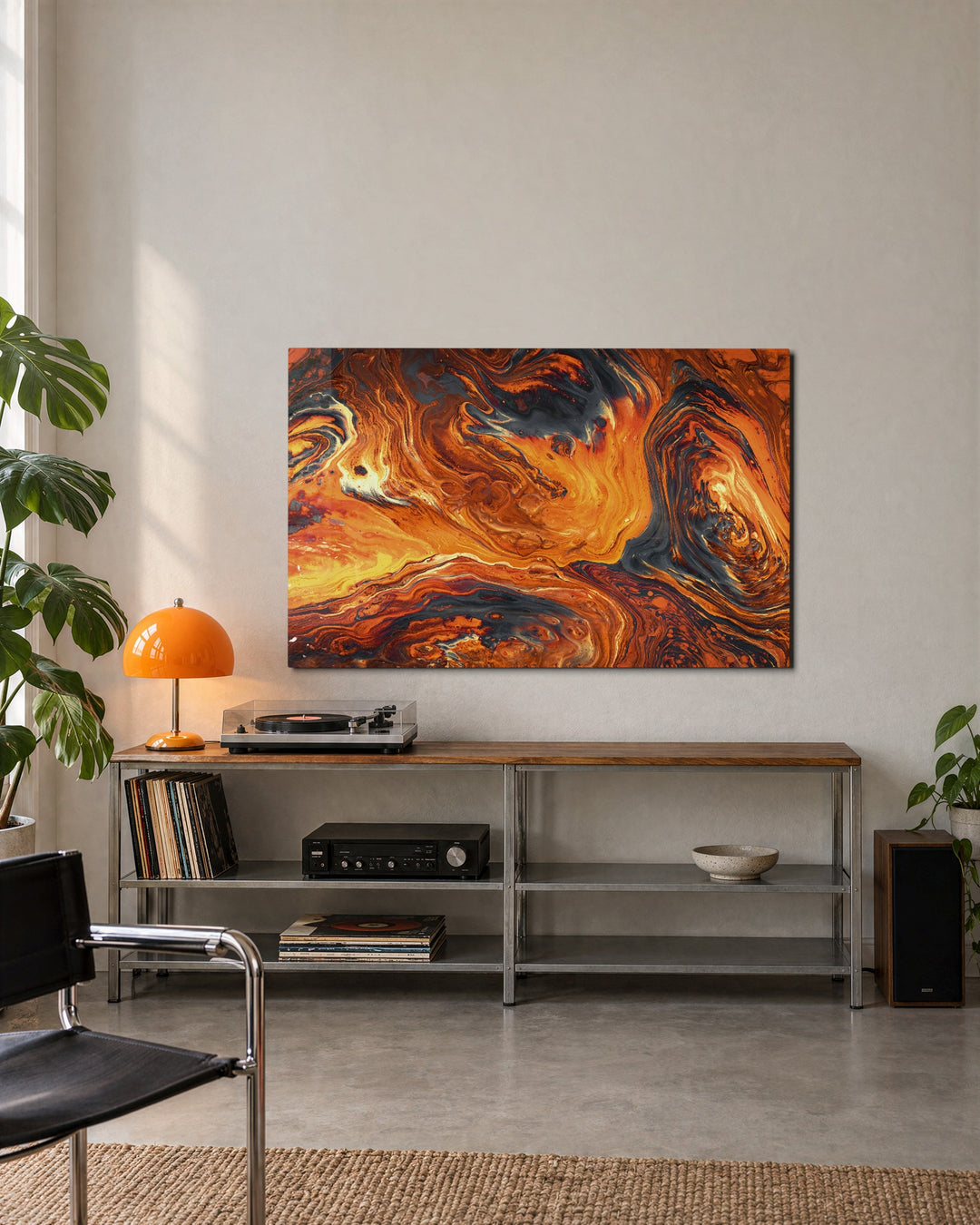 Molten Orange Swirl glass wall art, lifestyle view