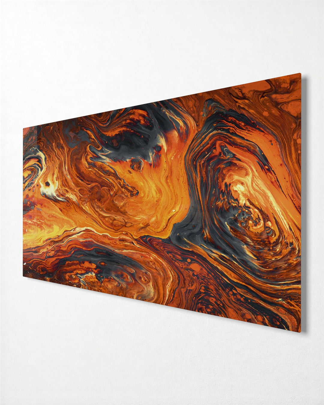 Molten Orange Swirl glass wall art, side view