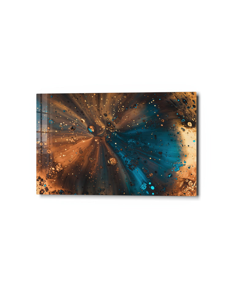 Copper and Teal Burst glass wall art, studio view