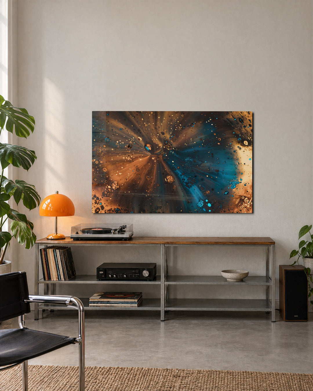 Copper and Teal Burst glass wall art, lifestyle view