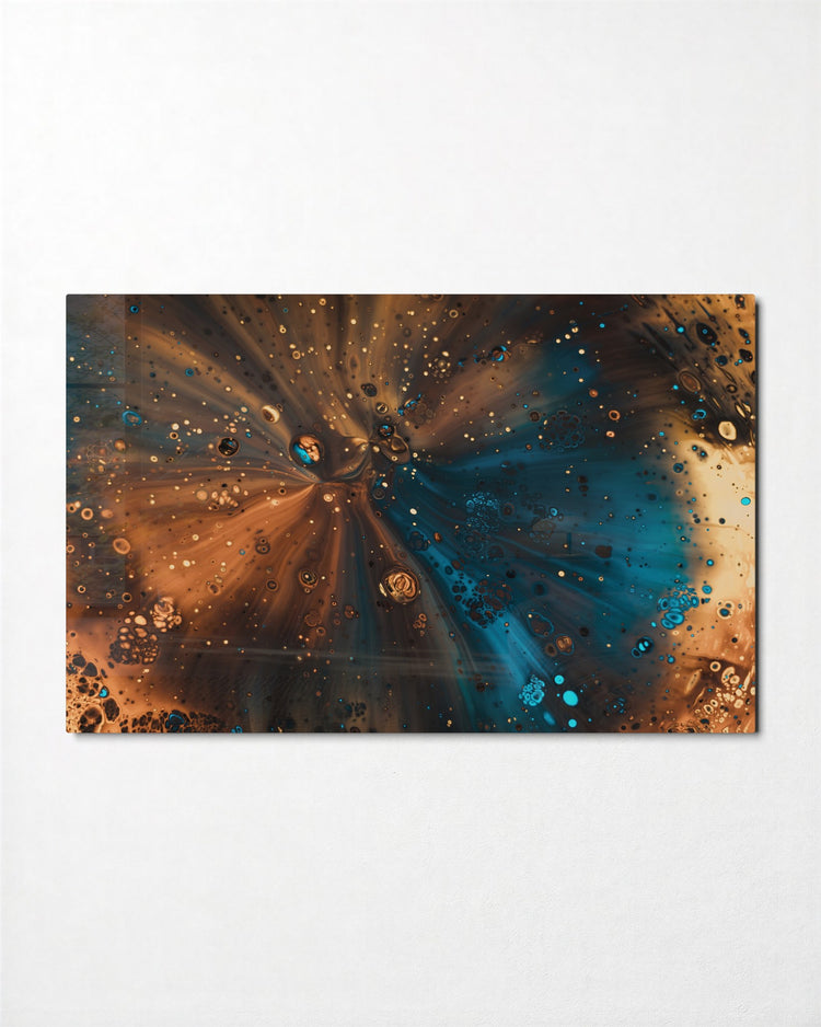 Copper and Teal Burst glass wall art, front view