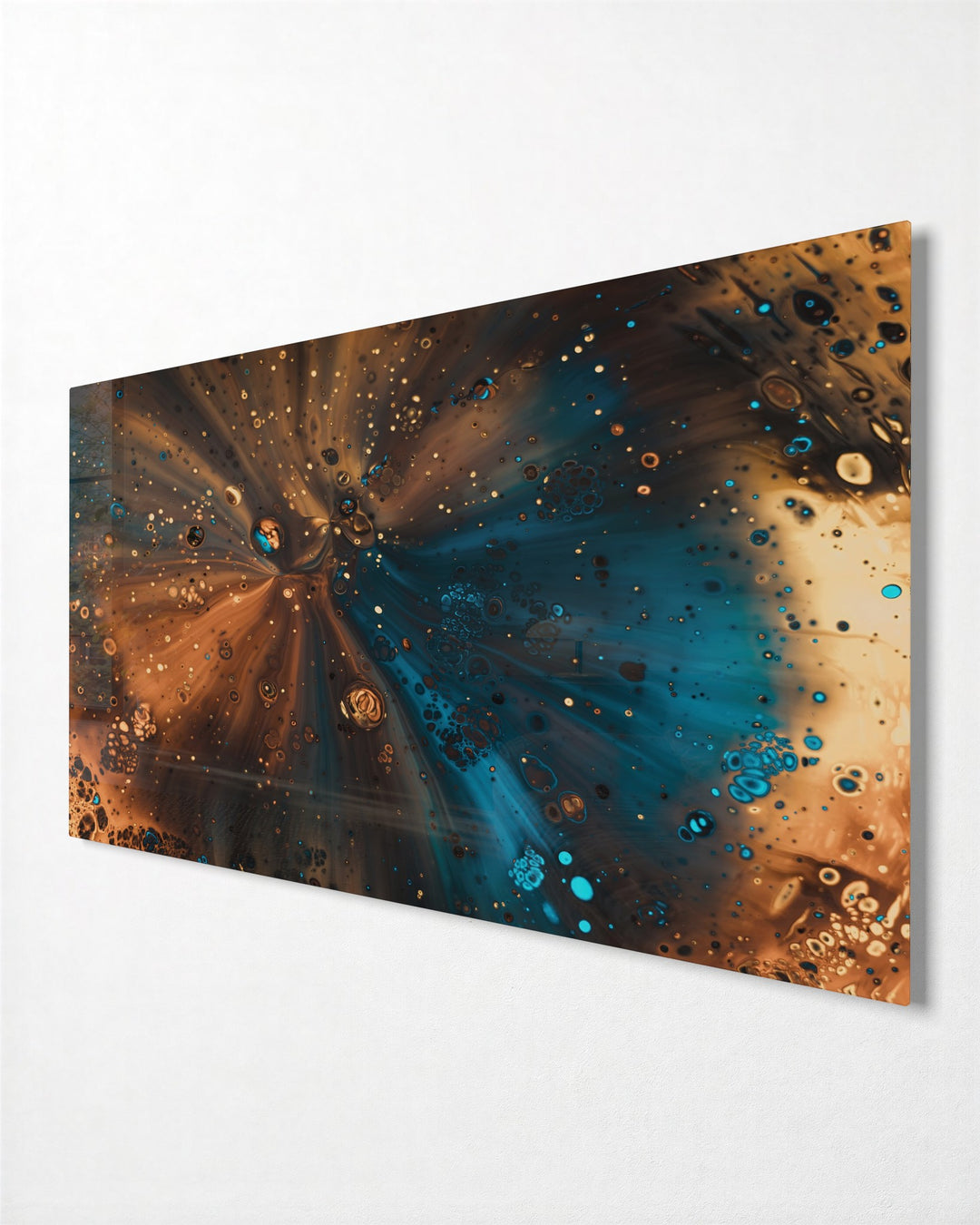 Copper and Teal Burst glass wall art, side view