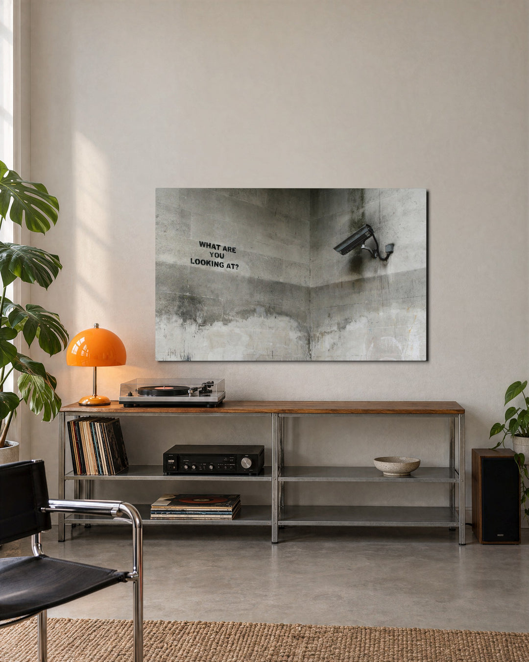 Looking Back at the Camera glass wall art, lifestyle view