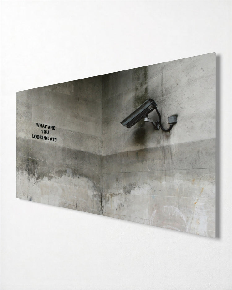 Looking Back at the Camera glass wall art, side view