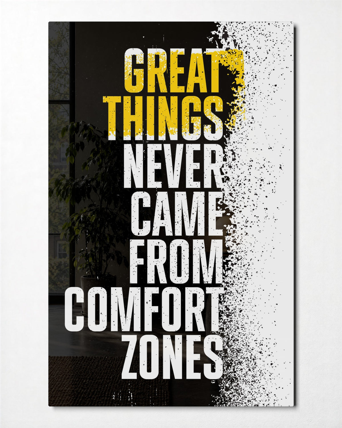 Not From Comfort Zones glass wall art, front view