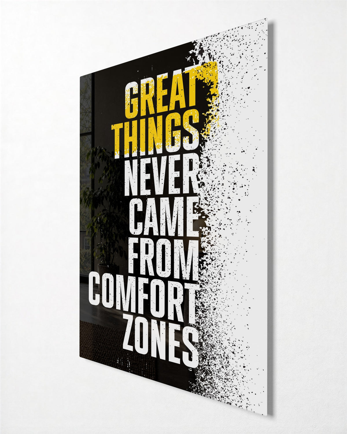 Not From Comfort Zones glass wall art, side view