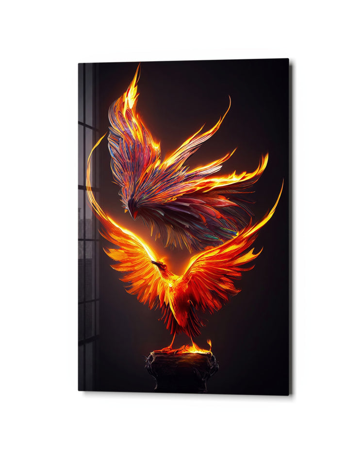 Phoenix in Flames glass wall art, studio view