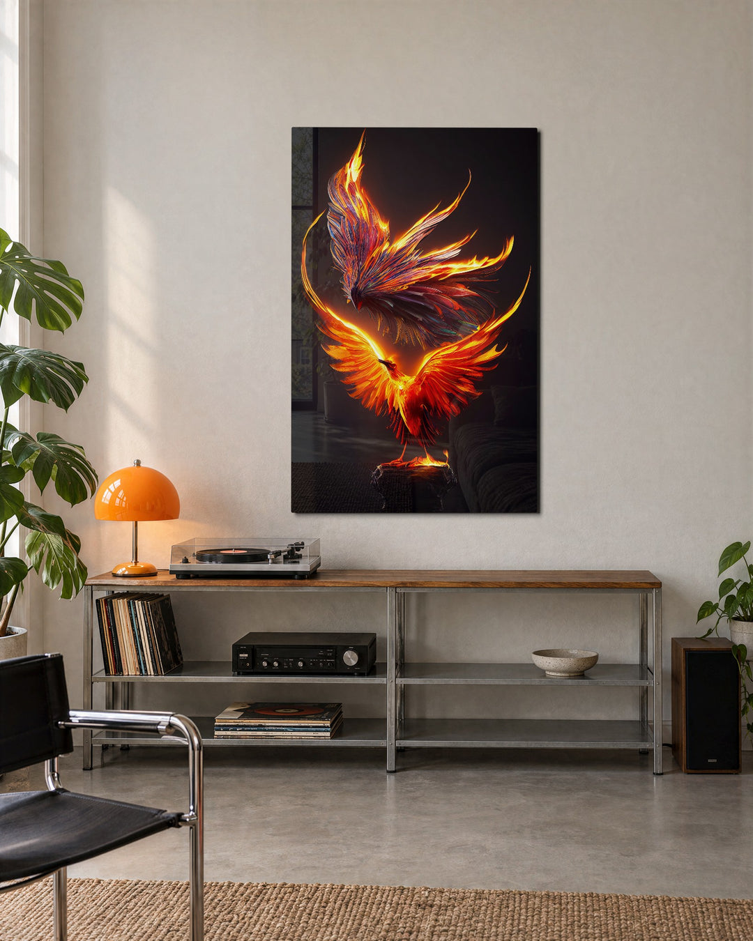 Phoenix in Flames glass wall art, lifestyle view