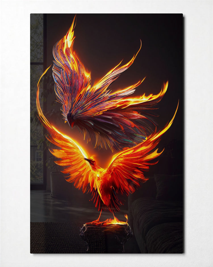 Phoenix in Flames glass wall art, front view