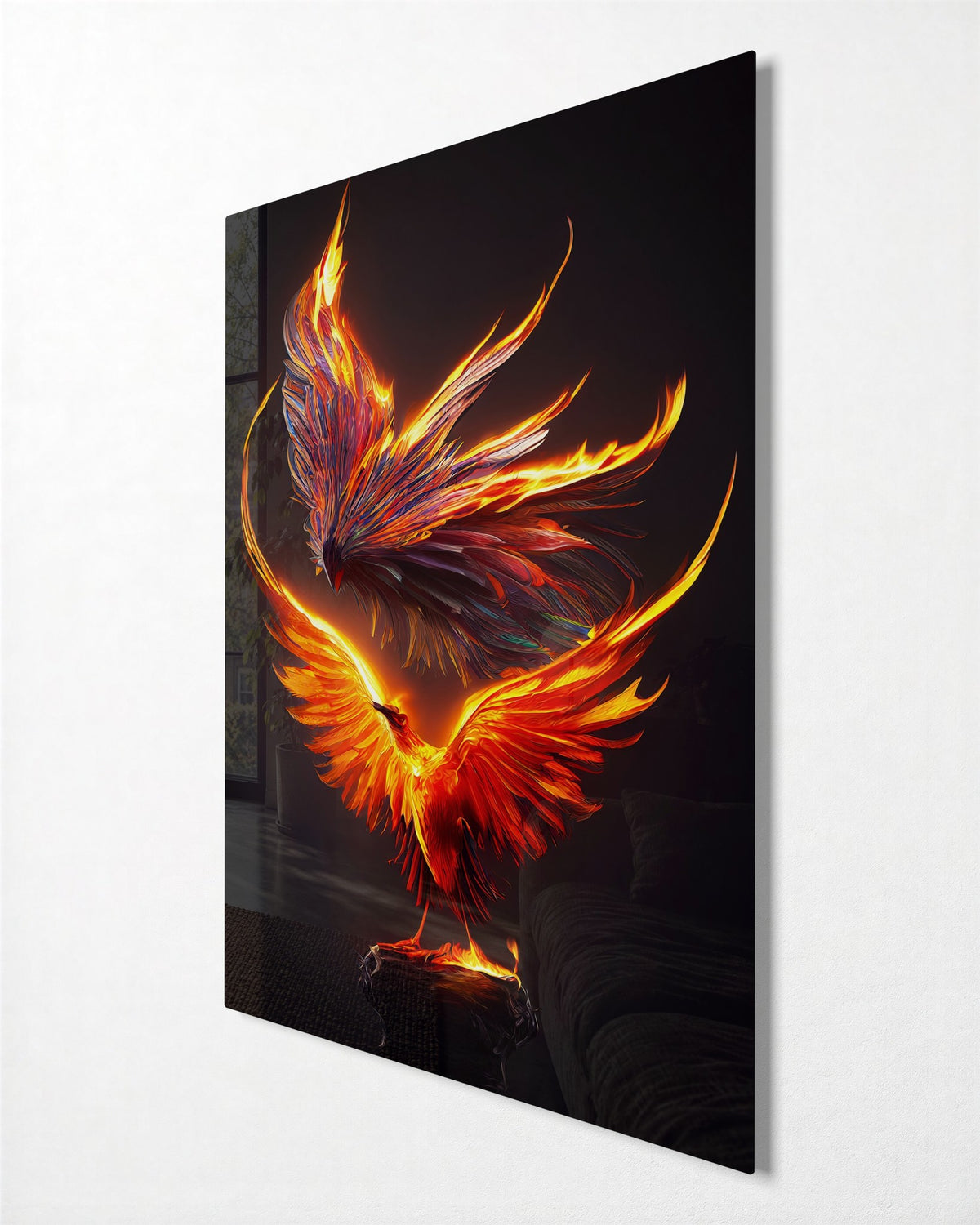 Phoenix in Flames glass wall art, side view