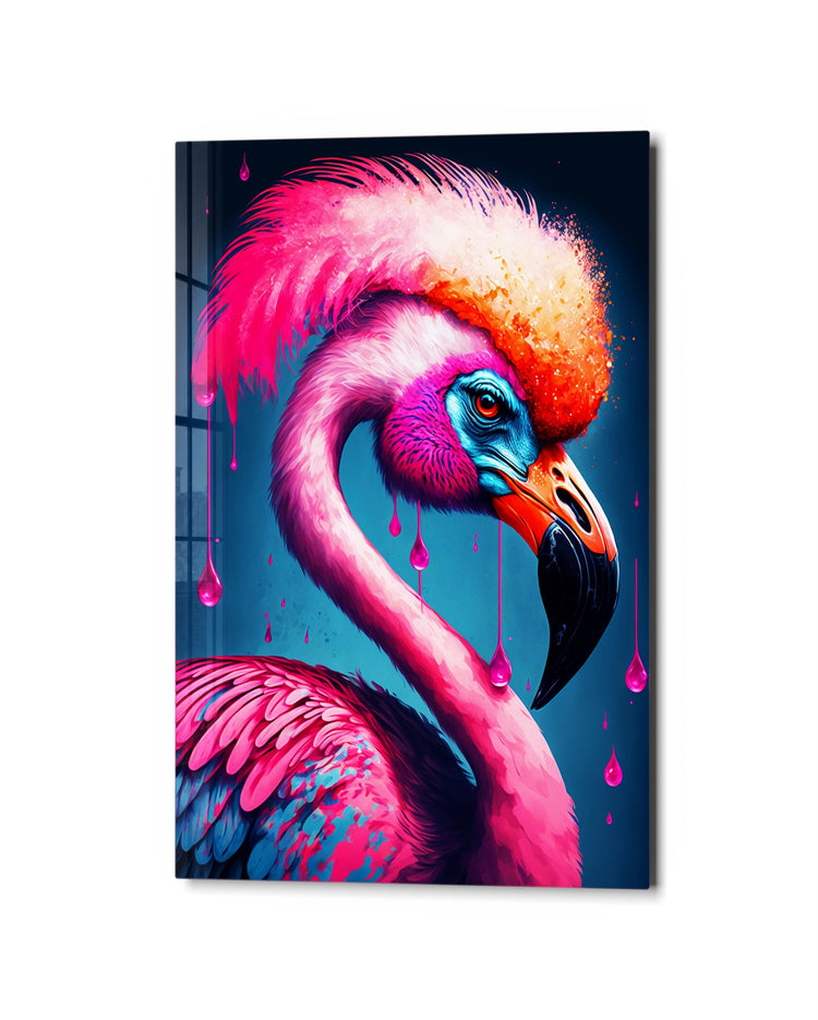 Flamingo in Hot Pink glass wall art, studio view