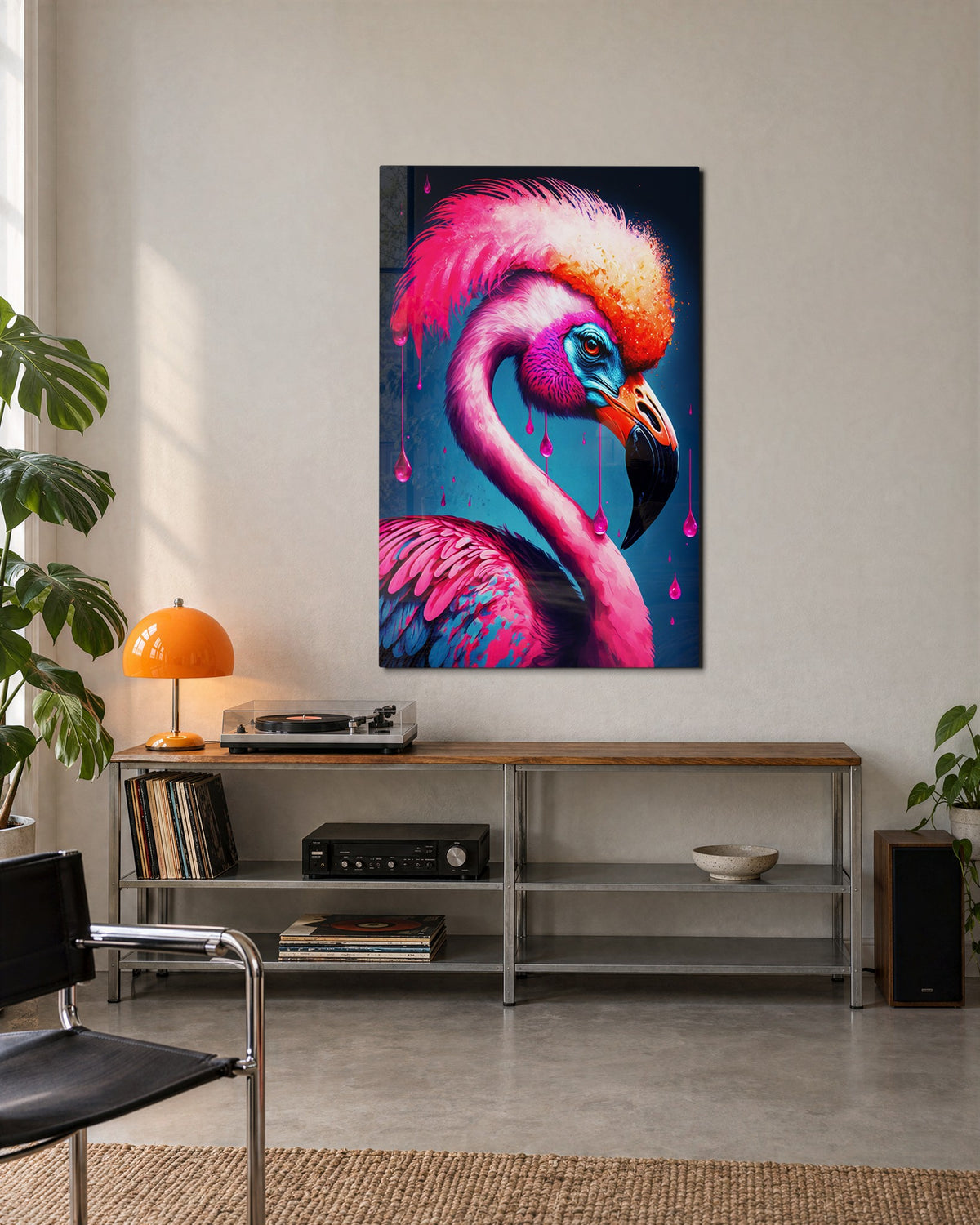 Flamingo in Hot Pink glass wall art, lifestyle view