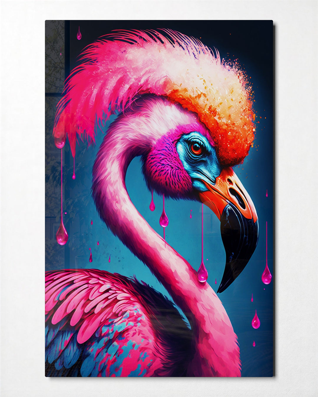 Flamingo in Hot Pink glass wall art, front view