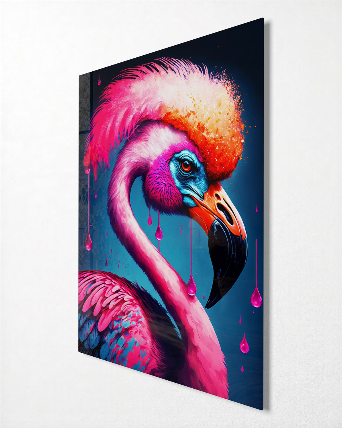 Flamingo in Hot Pink glass wall art, side view