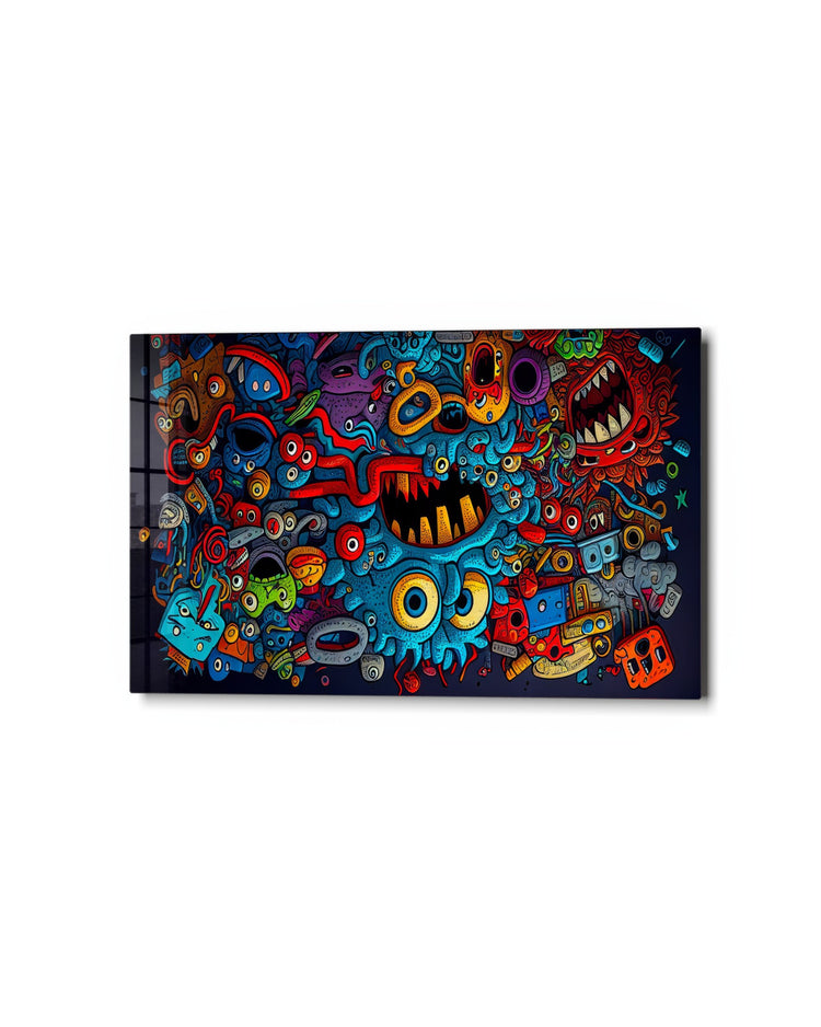 Doodle Monster Mash glass wall art, studio view