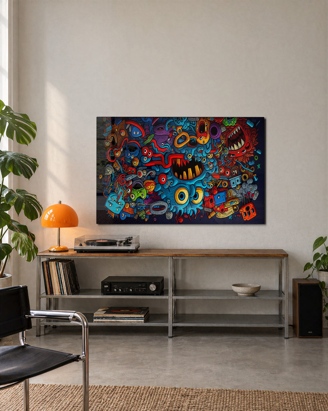 Doodle Monster Mash glass wall art, lifestyle view