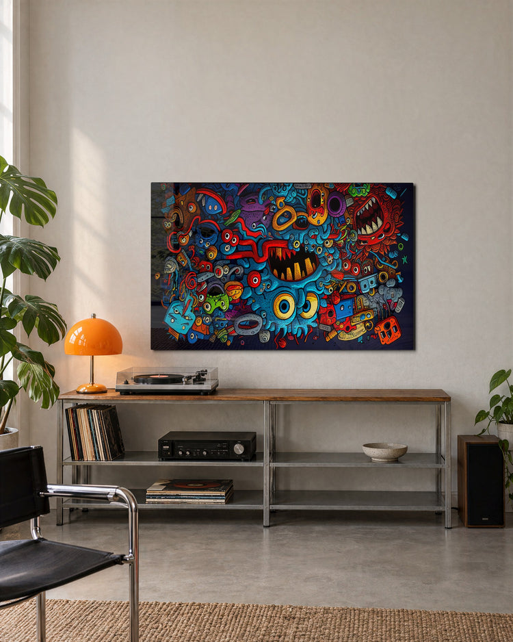 Doodle Monster Mash glass wall art, lifestyle view