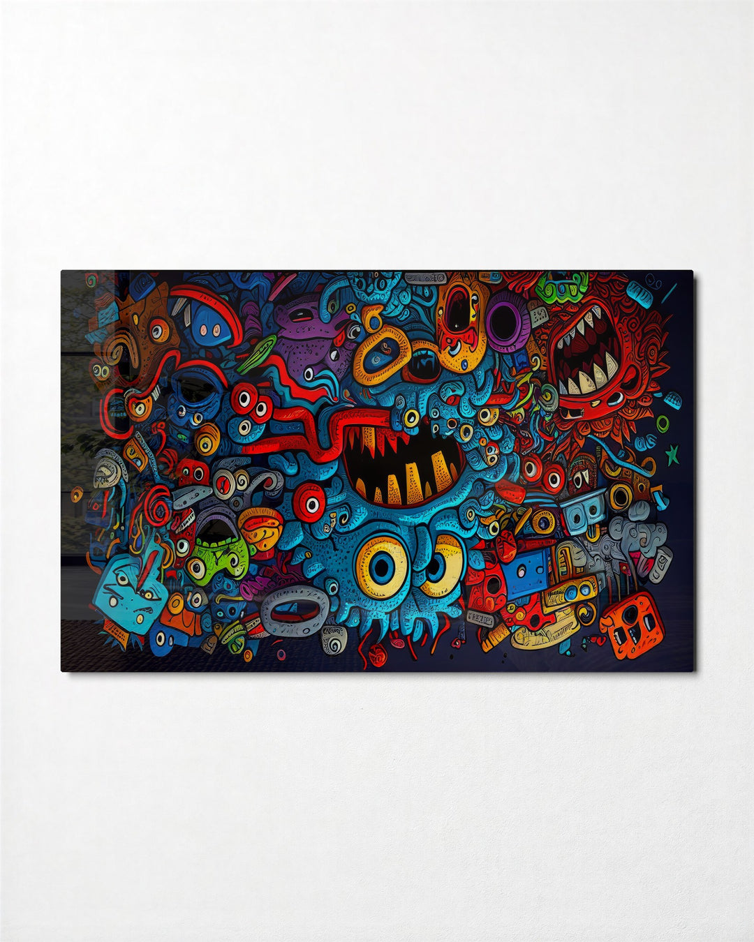 Doodle Monster Mash glass wall art, front view