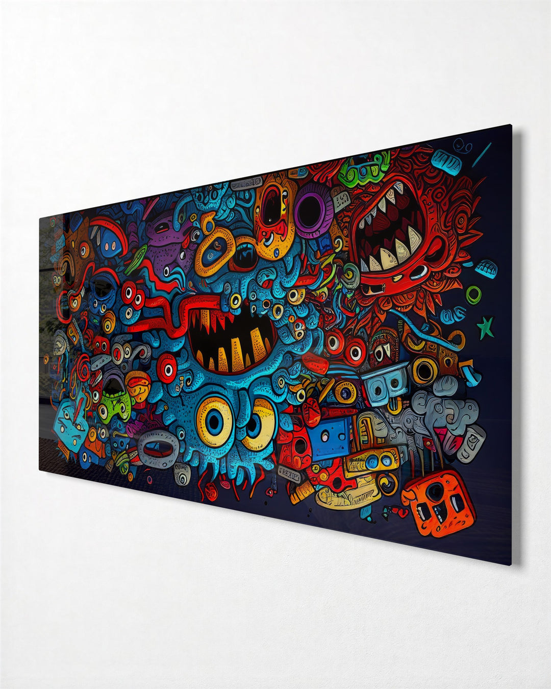 Doodle Monster Mash glass wall art, side view