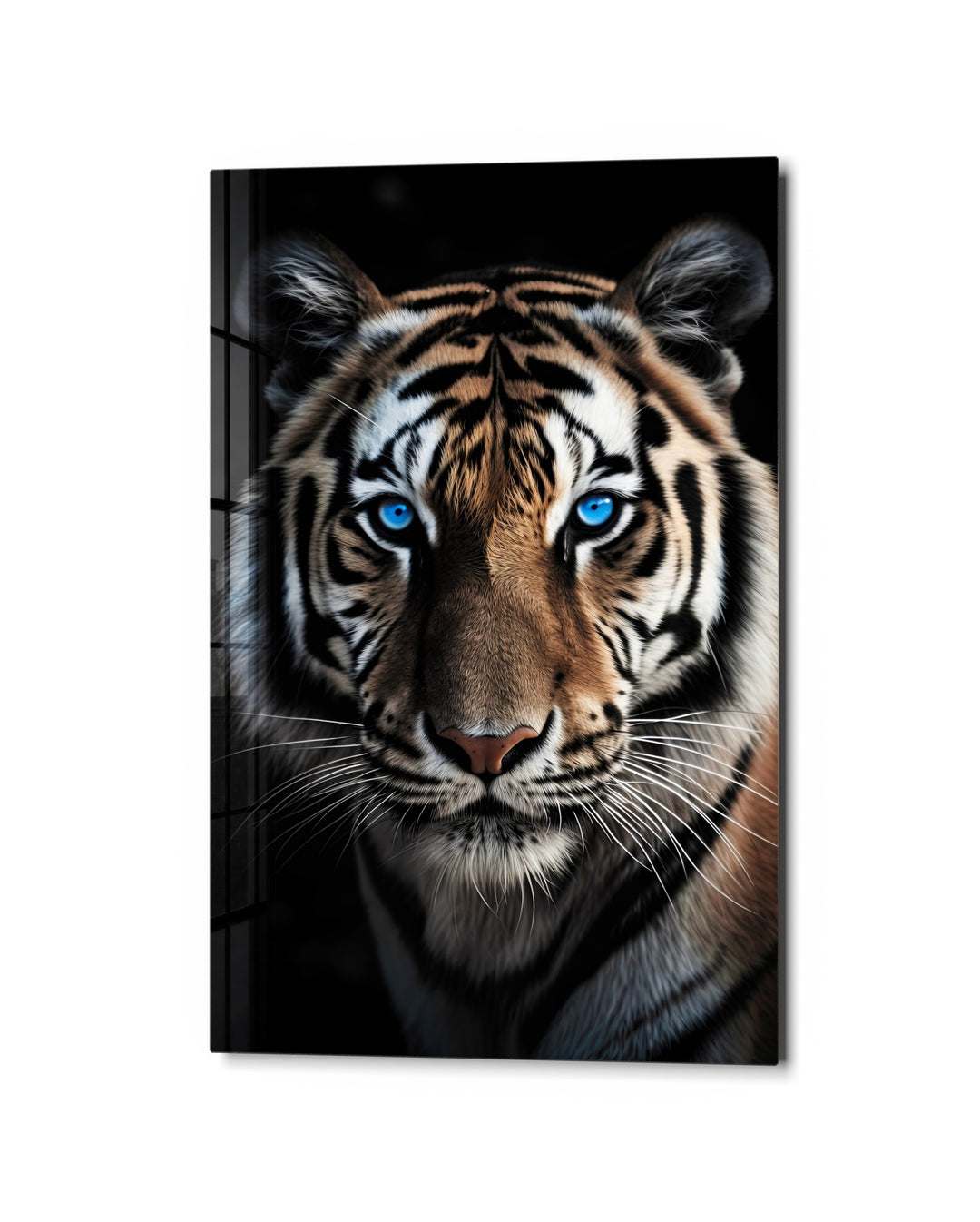 Blue-Eyed Tiger glass wall art, studio view