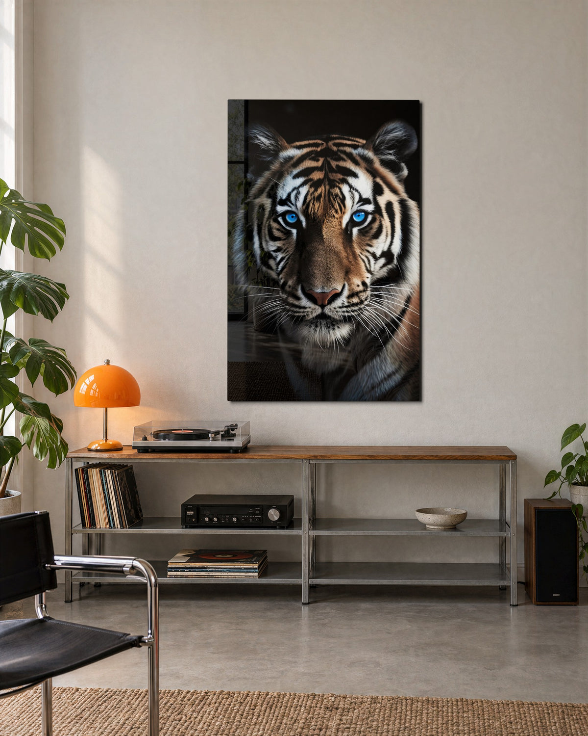 Blue-Eyed Tiger glass wall art, lifestyle view