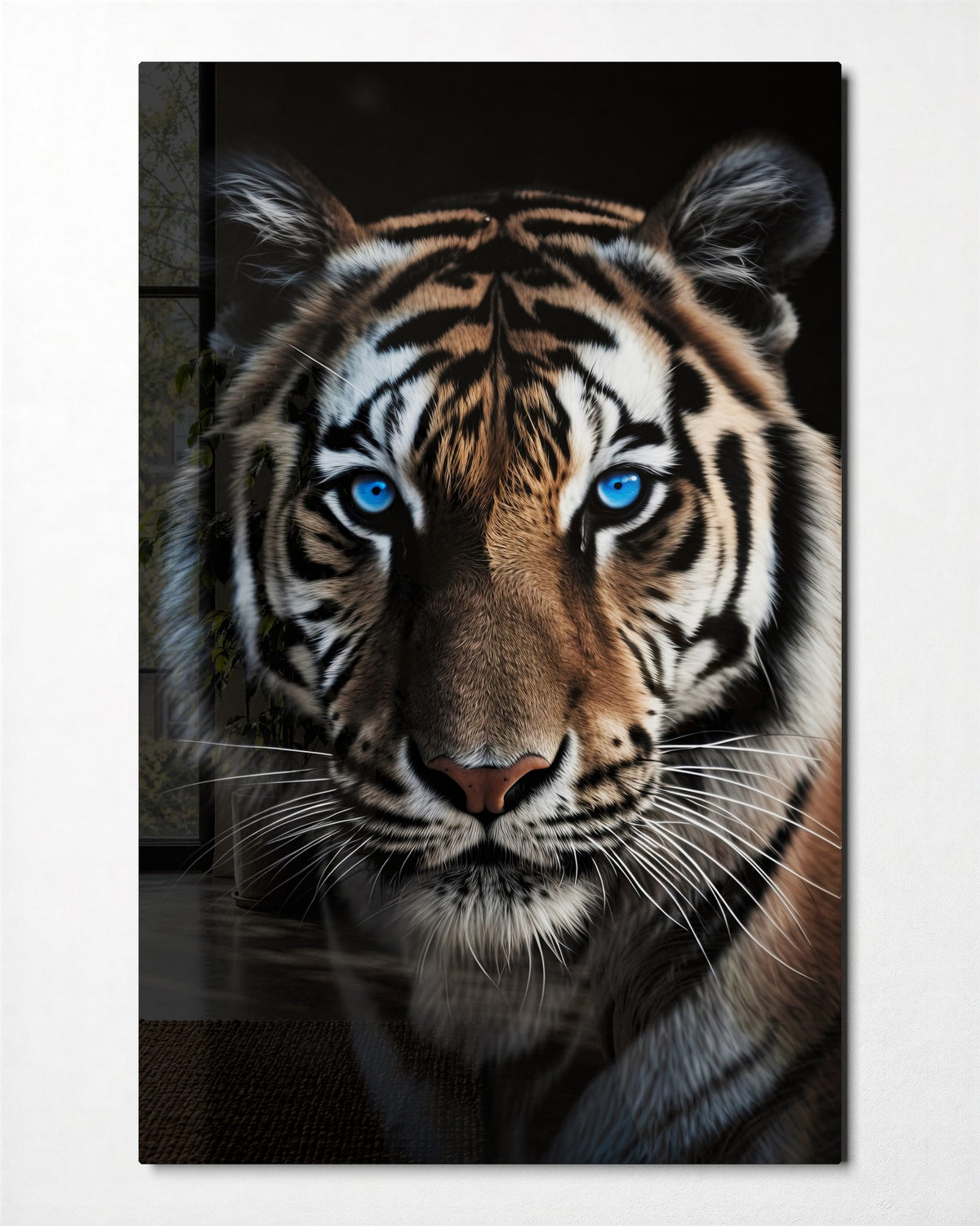 Blue-Eyed Tiger glass wall art, front view