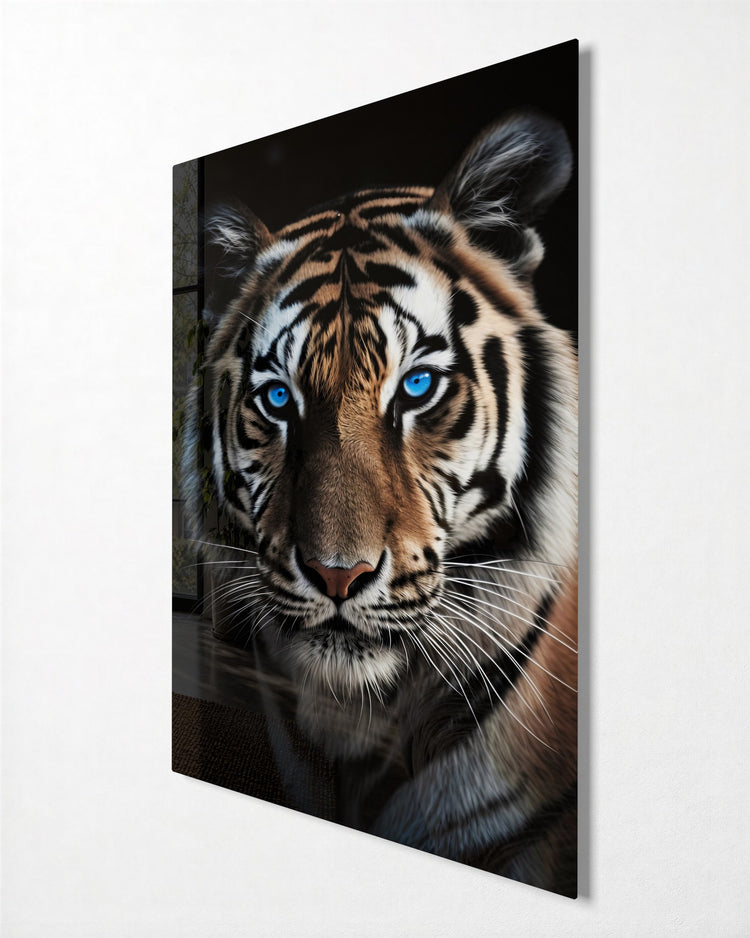 Blue-Eyed Tiger glass wall art, side view