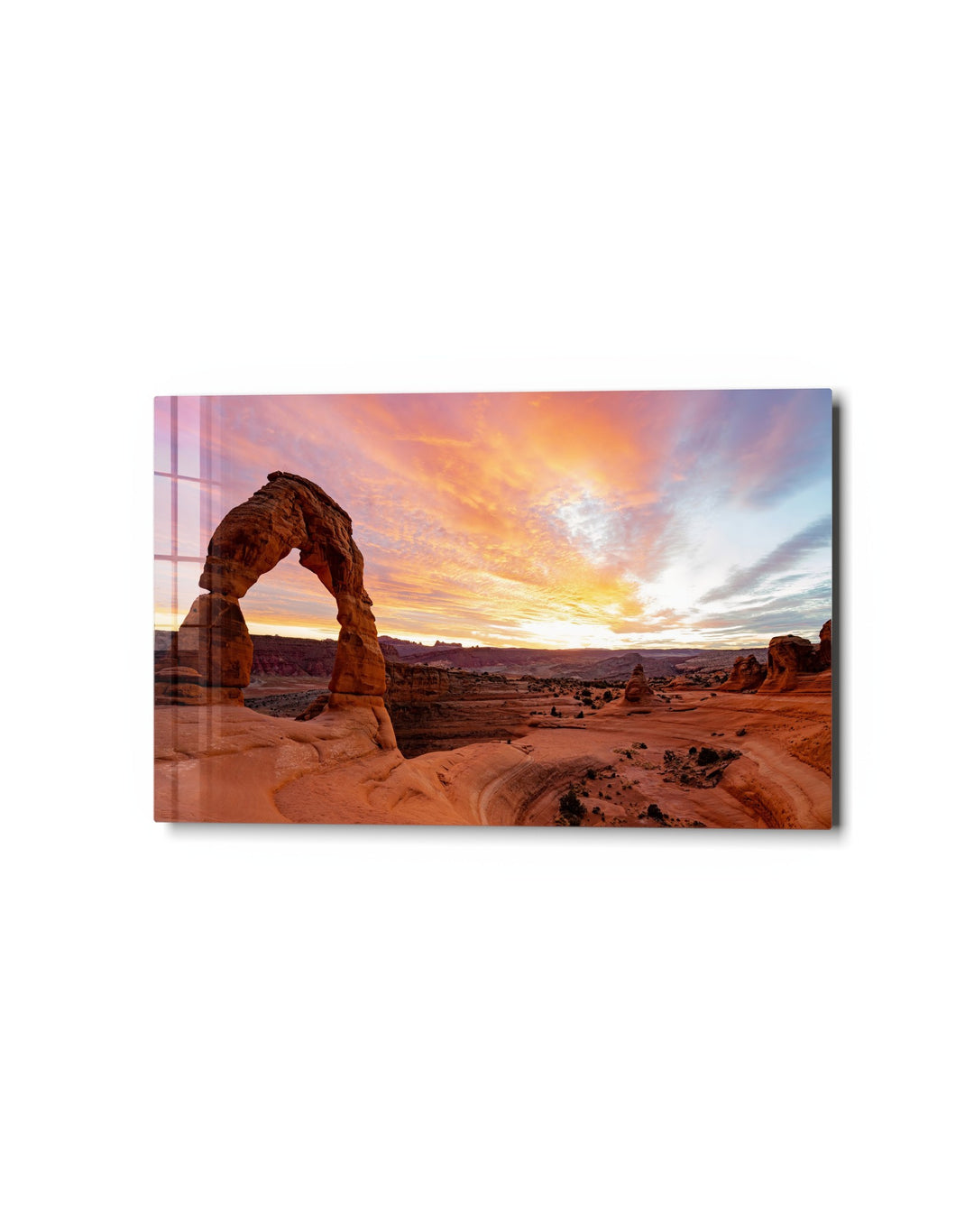 Desert Arch at Sunset glass wall art, studio view