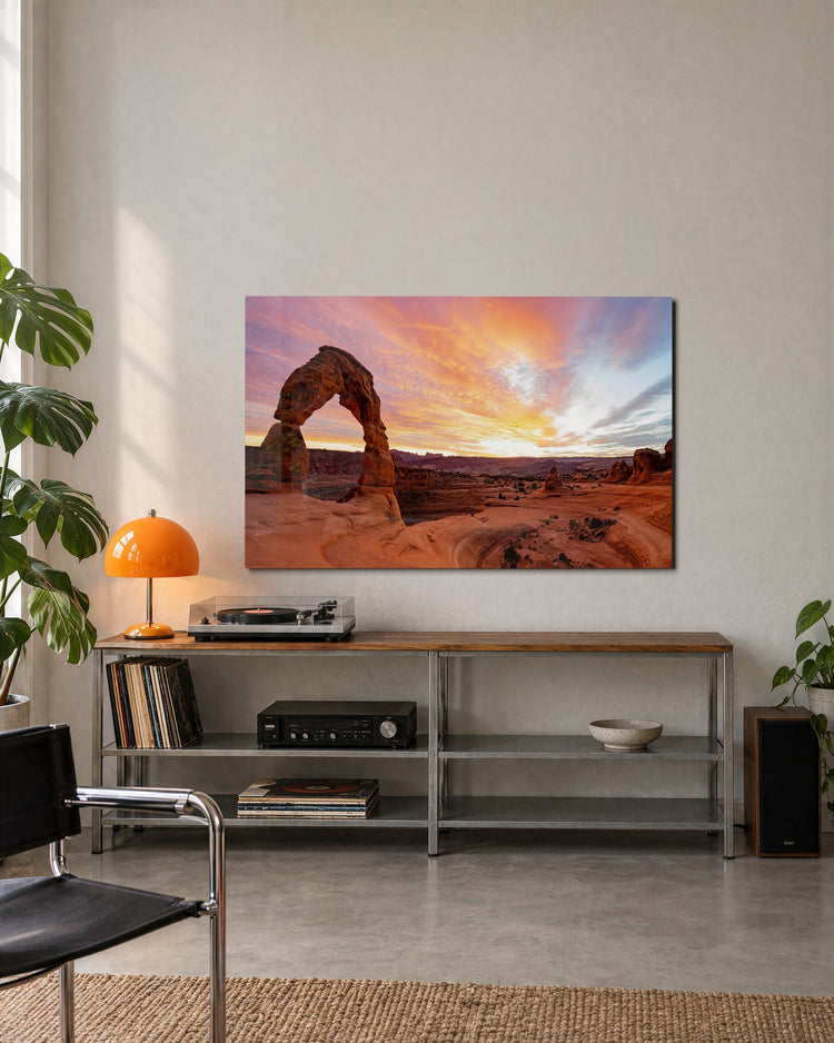 Desert Arch at Sunset glass wall art, lifestyle view