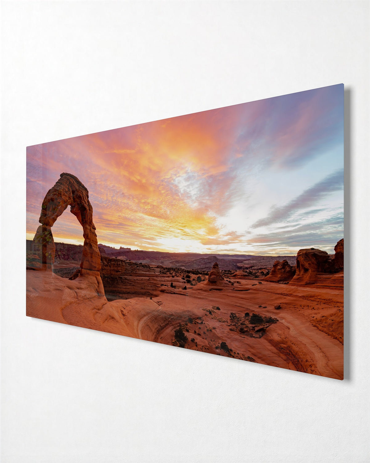 Desert Arch at Sunset glass wall art, side view