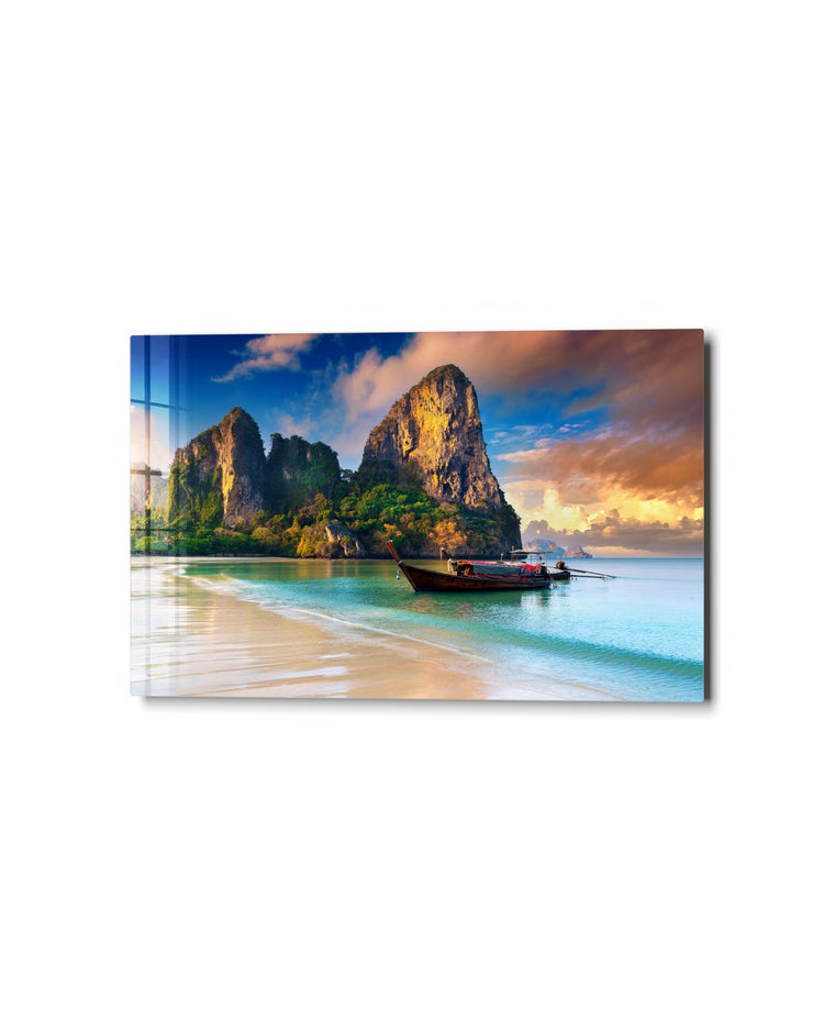 Longtail Boat Below the Cliffs glass wall art, studio view