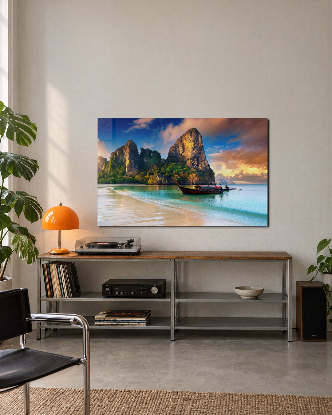 Longtail Boat Below the Cliffs glass wall art, lifestyle view