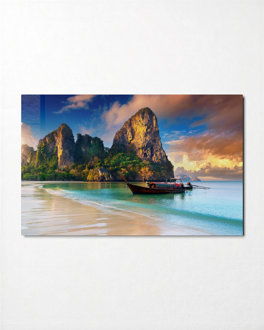 Longtail Boat Below the Cliffs glass wall art, front view