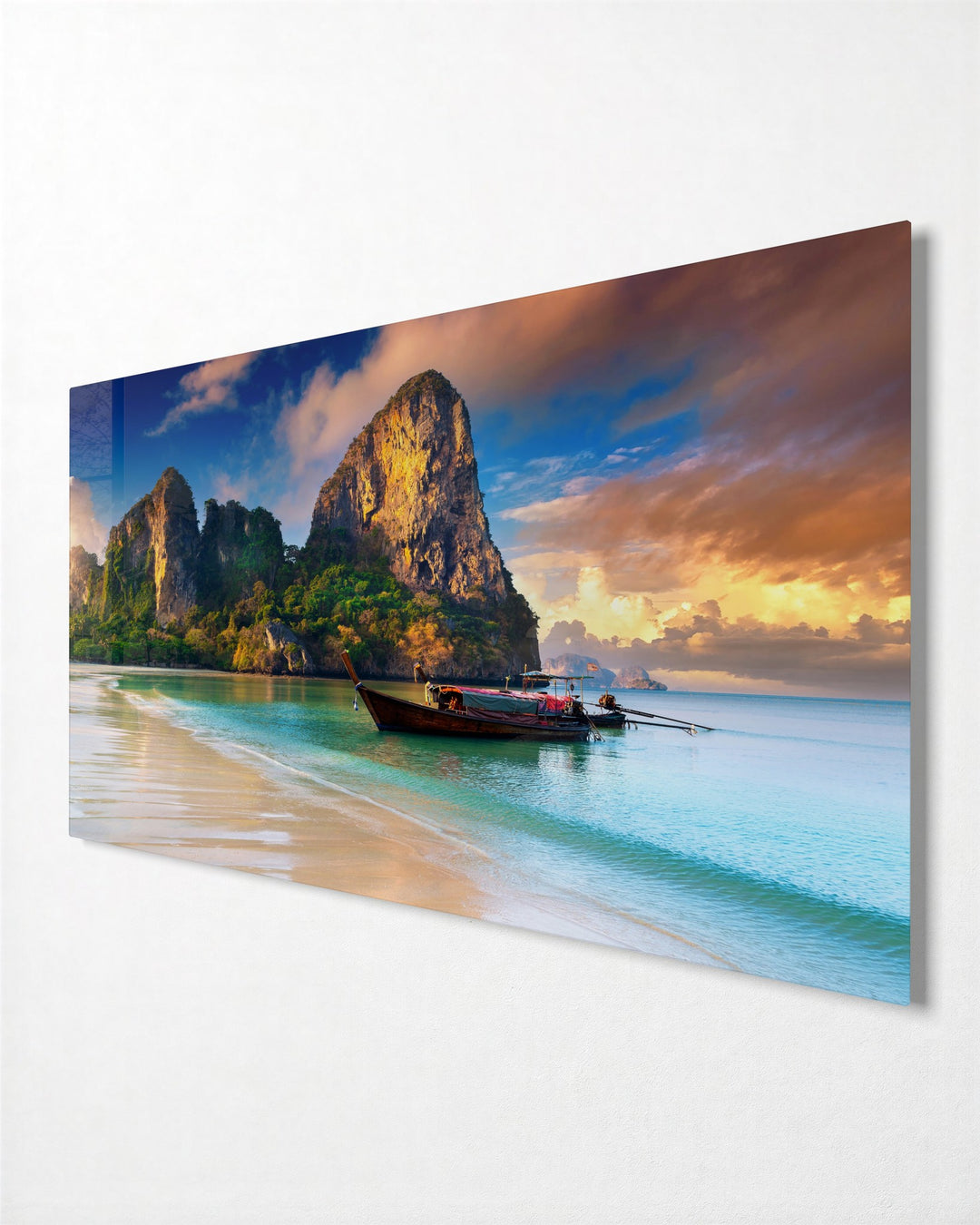 Longtail Boat Below the Cliffs glass wall art, side view